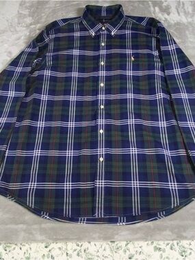 Ralph Lauren Men’s XL Navy & Green Plaid Button-Down Shirt Classic Fit Pony Logo